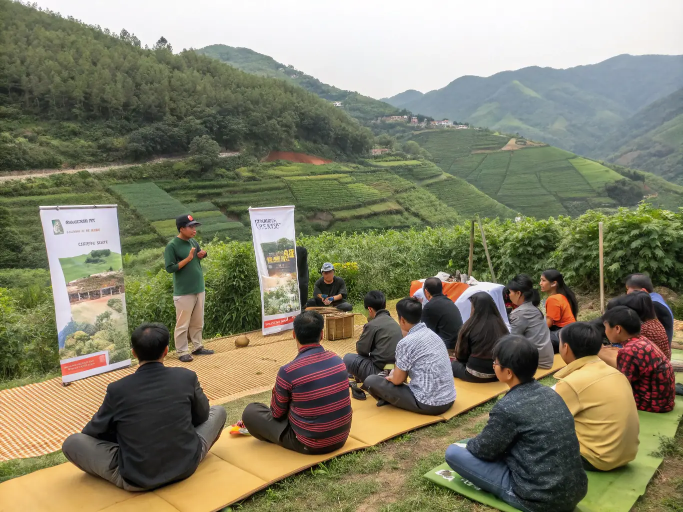 A group of students participating in a COPAM-sponsored workshop on sustainable agriculture practices in a rural Mediterranean village, with lush green fields in the background.