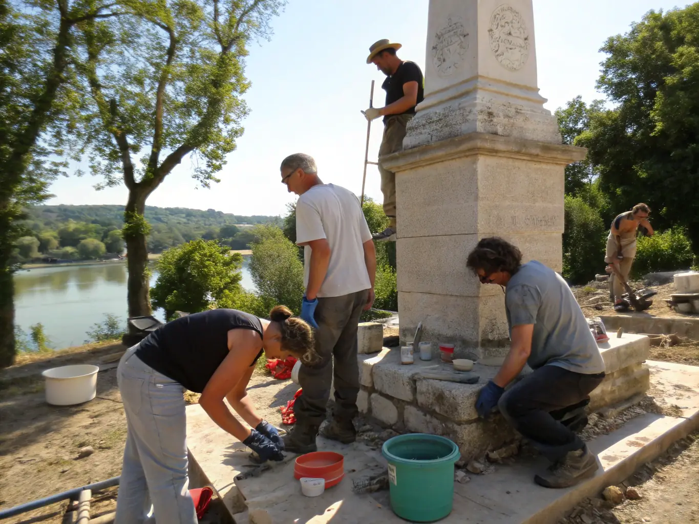A vibrant photo showcasing volunteers participating in a COPAM-led restoration project at an ancient Roman site in Southern France, under a clear blue Mediterranean sky.
