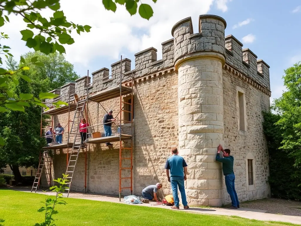 A vibrant image showcasing COPAM's cultural heritage preservation program in action, featuring volunteers and experts working together to restore a historical site in the Mediterranean region.